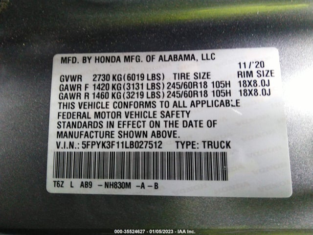 Honda Ridgeline Sport 2020 5FPYK3F11LB027512 Image 9