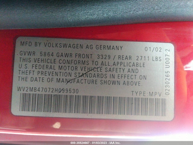 2002 VOLKSWAGEN EUROVAN MV VIN: WV2MB47072H099530