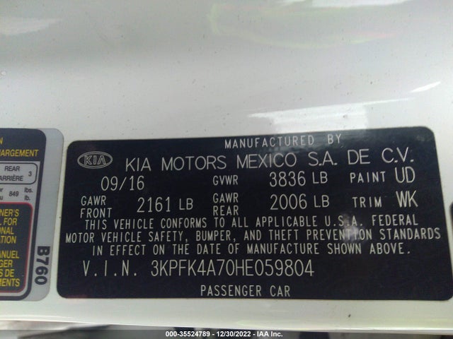 2017 KIA FORTE LX VIN: 3KPFK4A70HE059804