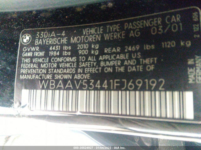 2001 BMW 3 SERIES 330I VIN: WBAAV53441FJ69192