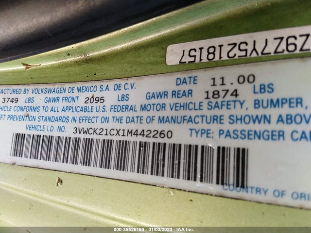 Volkswagen New Beetle Gls 2001 3VWCK21CX1M442260 Image 9
