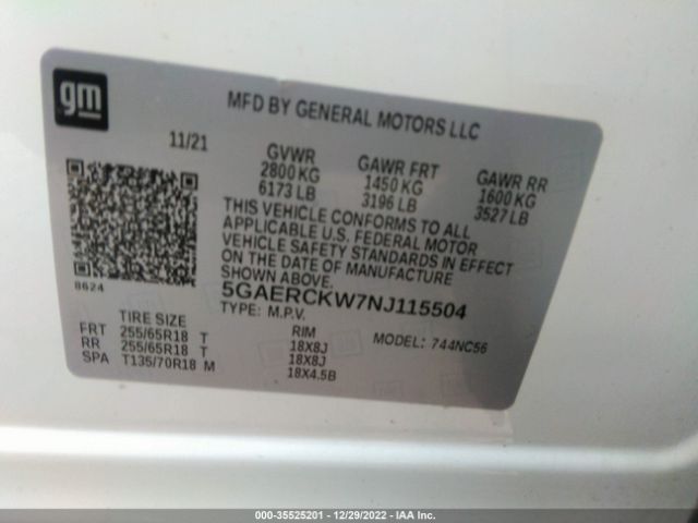 5GAERCKW7NJ115504 Buick Enclave Premium