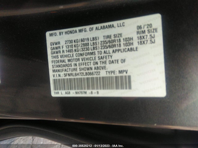 2020 HONDA ODYSSEY EX-L VIN: 5FNRL6H72LB066722