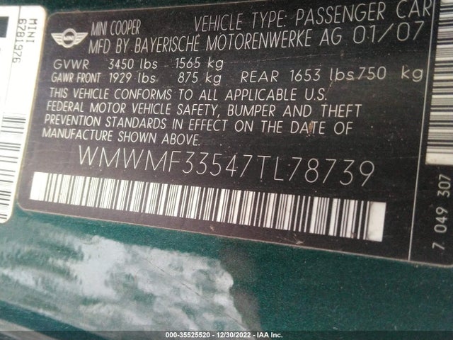 2007 MINI COOPER HARDTOP VIN: WMWMF33547TL78739