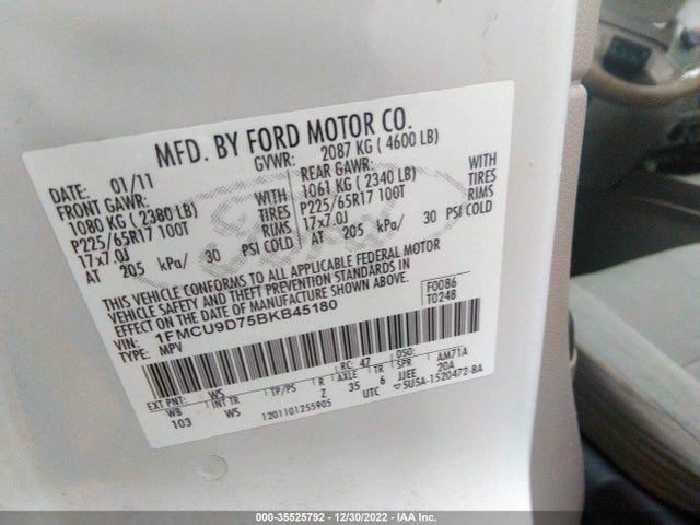 2011 FORD ESCAPE XLT VIN: 1FMCU9D75BKB45180