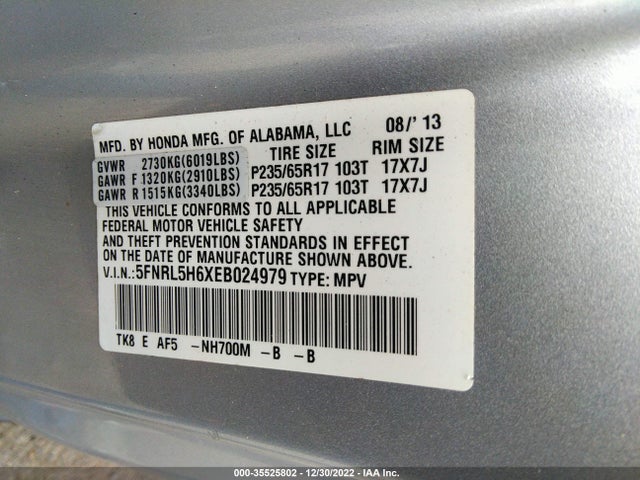 Honda Odyssey Ex-l 2014 5FNRL5H6XEB024979 Image 9