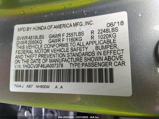 2018 Honda Accord, VIN: 1HGCV3F46JA007378