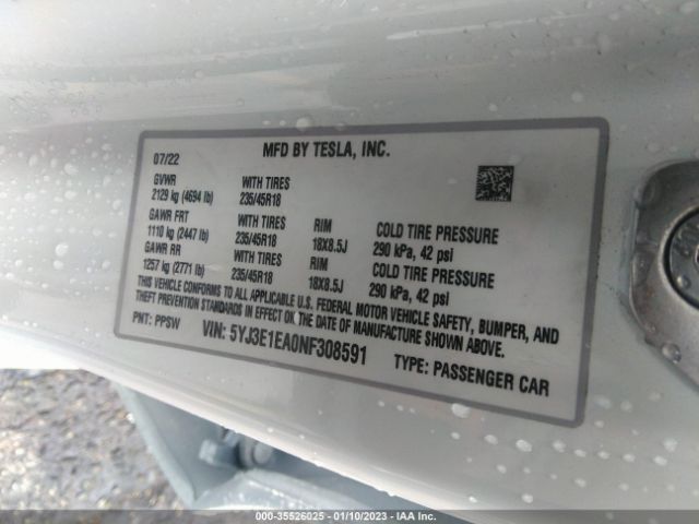 5YJ3E1EA0NF308591 Tesla MODEL 3