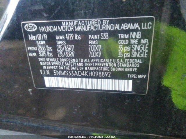 2019 Hyundai Santa Fe, VIN: 5NMS33AD4KH098892