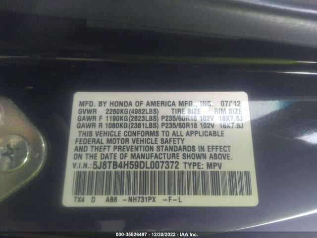 2013 ACURA RDX TECH PKG VIN: 5J8TB4H59DL007372