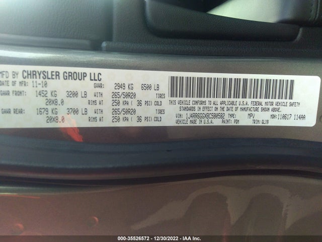 2011 JEEP GRAND CHEROKEE OVERLAND VIN: 1J4RR6GGXBC580582