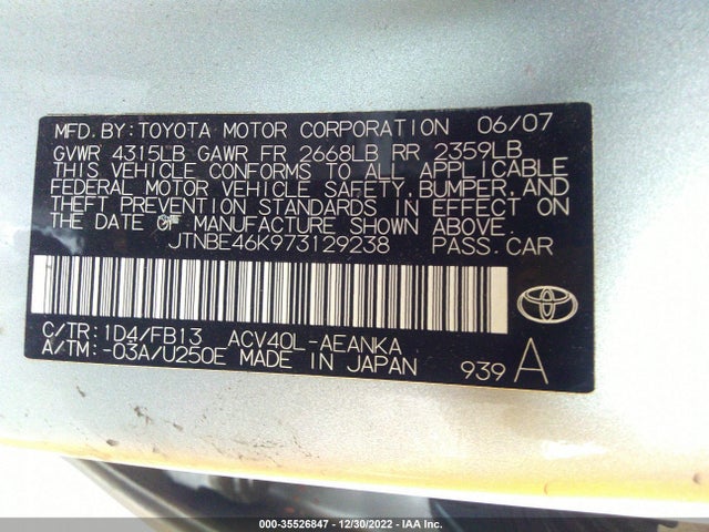 2007 TOYOTA CAMRY CE/LE/SE/XLE VIN: JTNBE46K973129238