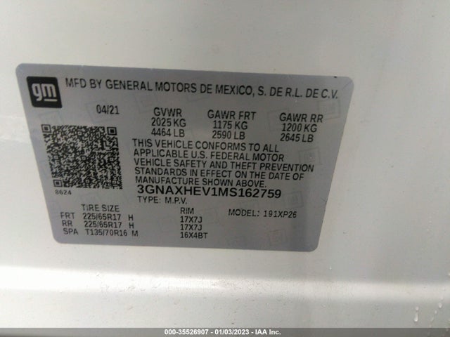 2021 Chevrolet Equinox, VIN: 3GNAXHEV1MS162759