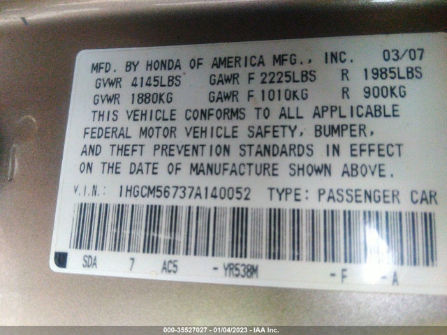 2007 HONDA ACCORD SDN EX/EX-L VIN: 1HGCM56737A140052