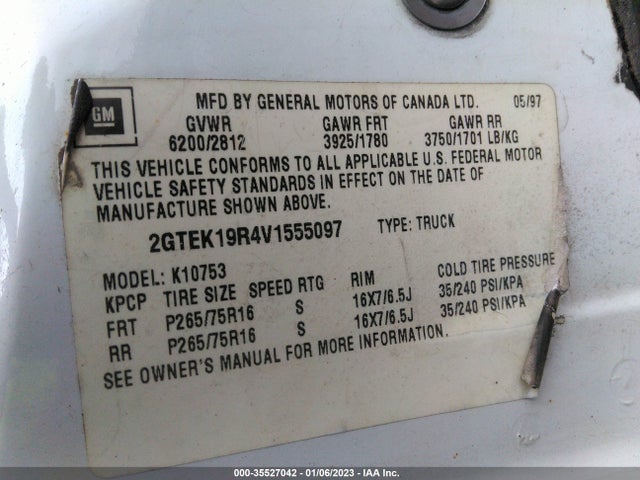 1997 GMC SIERRA 1500 VIN: 2GTEK19R4V1555097