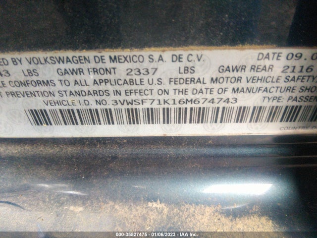 2006 VOLKSWAGEN JETTA SEDAN 2.5L VIN: 3VWSF71K16M674743