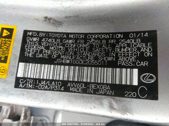 2014 LEXUS ES 300H HYBRID VIN: JTHBW1GG0E2055011