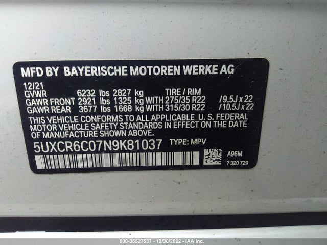 2022 BMW X5, VIN: 5UXCR6C07N9K81037