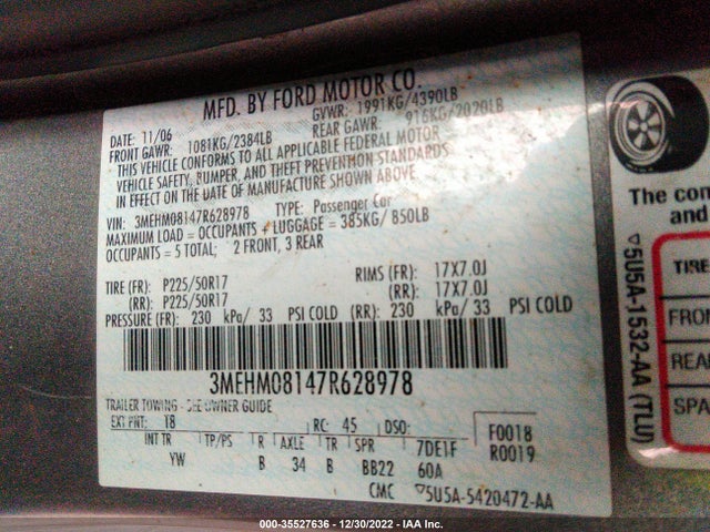 2007 MERCURY MILAN PREMIER VIN: 3MEHM08147R628978