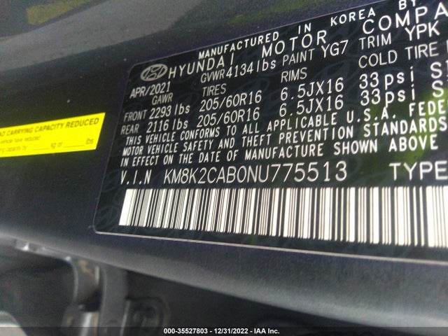 2022 HYUNDAI KONA SE VIN: KM8K2CAB0NU775513
