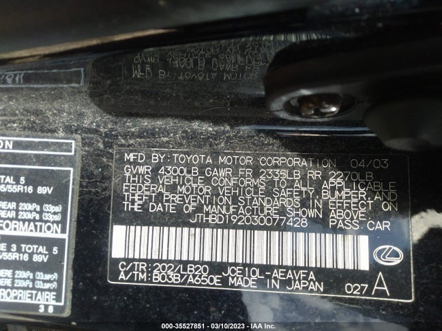 2003 LEXUS IS 300 VIN: JTHBD192030077428