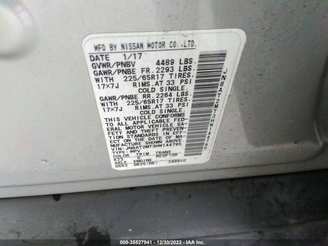 2017 NISSAN ROGUE SV VIN: JN8AT2MT3HW144795