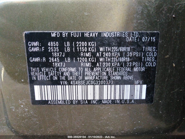 2016 Subaru Outback, VIN: 4S4BSEJC0G3200373