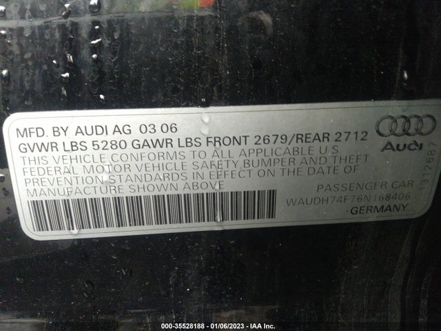 2006 AUDI A6 3.2L VIN: WAUDH74F76N168406