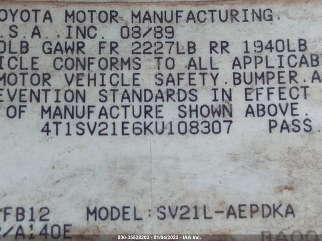 1989 TOYOTA CAMRY DLX VIN: 4T1SV21E6KU108307