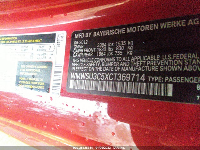 WMWSU3C5XCT369714 Mini COOPER HARDTOP