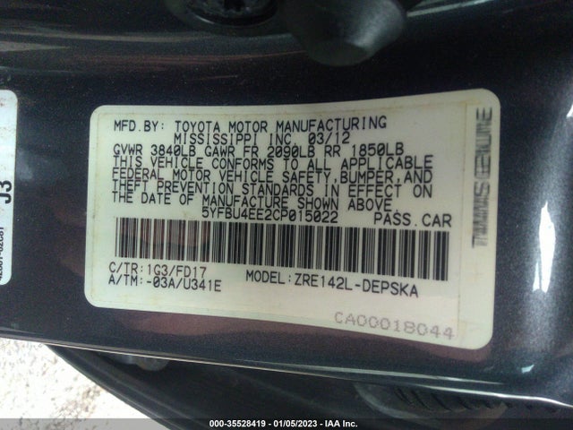 2012 TOYOTA COROLLA L/LE/S VIN: 5YFBU4EE2CP015022