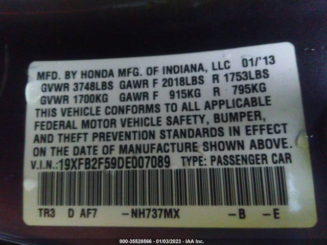 2013 HONDA CIVIC SDN LX VIN: 19XFB2F59DE007089