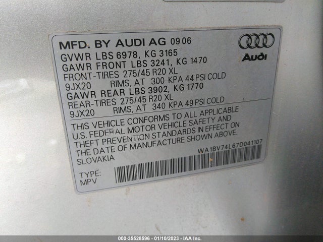 2007 AUDI Q7 PREMIUM VIN: WA1BV74L67D041107