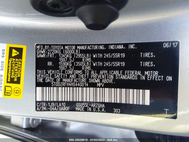 2017 TOYOTA HIGHLANDER LIMITED VIN: 5TDDZRFH4HS440014