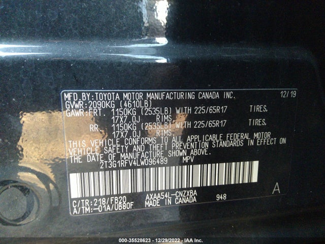 2020 TOYOTA RAV4 LE VIN: 2T3G1RFV4LW096489
