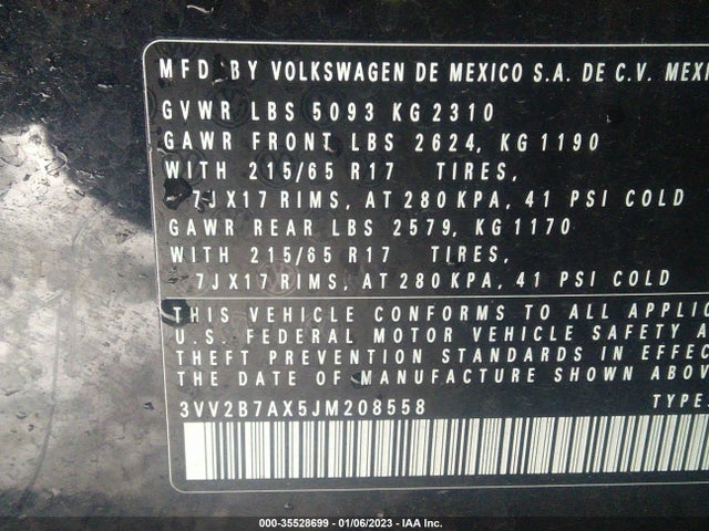 2018 VOLKSWAGEN TIGUAN SEL/SE VIN: 3VV2B7AX5JM208558