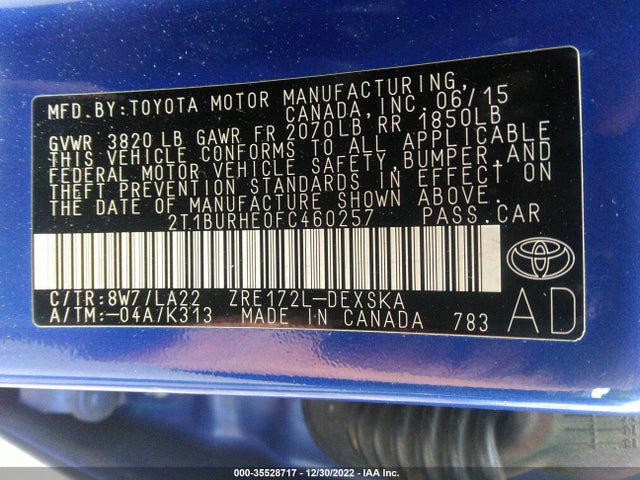 2015 TOYOTA COROLLA L/LE/S/S PLUS/LE PLUS VIN: 2T1BURHE0FC460257