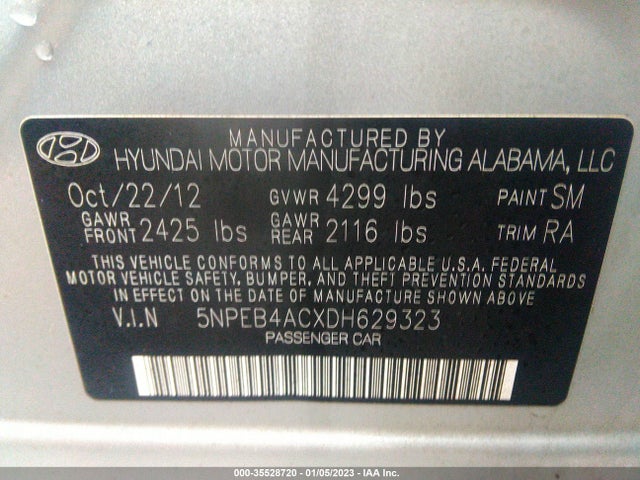 Aukcja sprzedaży 2013 Hyundai Sonata Gls Pzev, vin: 5NPEB4ACXDH629323, numer aukcji: 35528720