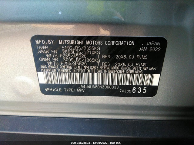 2022 Mitsubishi Outlander, VIN: JA4J4UA80NZ068333