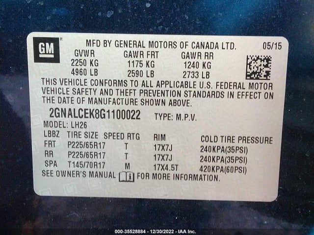 2016 Chevrolet Equinox, VIN: 2GNALCEK8G1100022