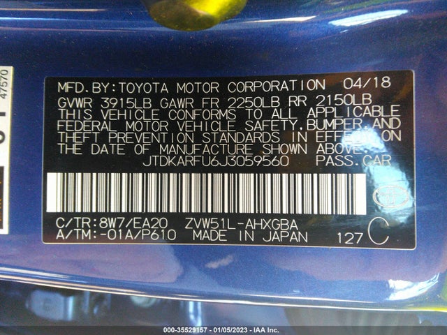 2018 Toyota Prius, VIN: JTDKARFU6J3059560