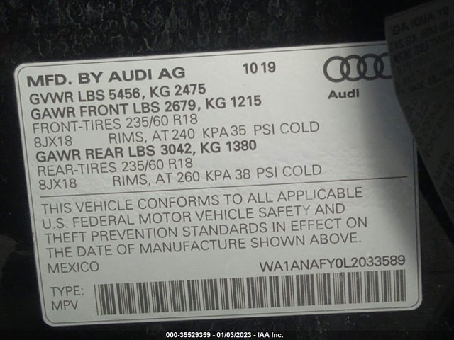 2020 Audi Q5, VIN: WA1ANAFY0L2033589