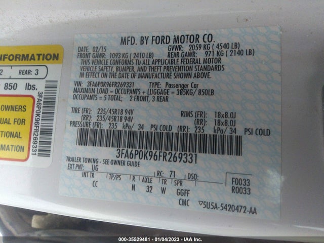 2015 FORD FUSION TITANIUM VIN: 3FA6P0K96FR269331