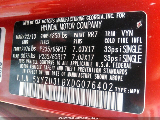 2013 HYUNDAI SANTA FE SPORT VIN: 5XYZU3LBXDG076402