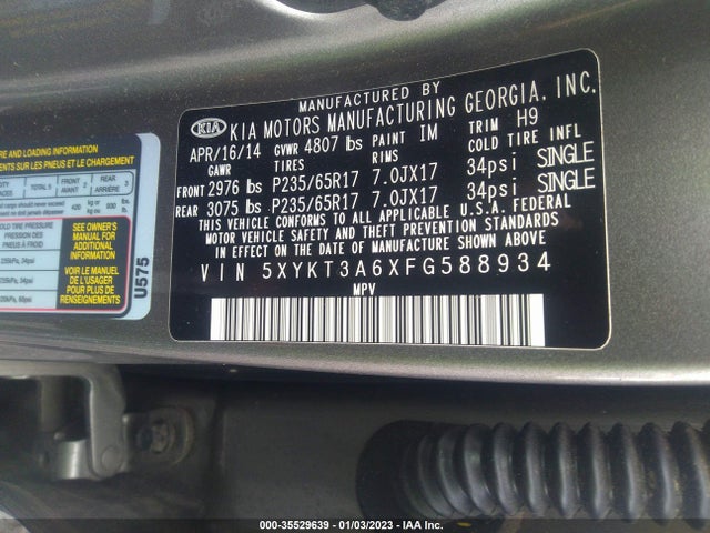 2015 KIA SORENTO LX VIN: 5XYKT3A6XFG588934