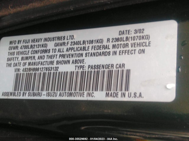 2002 SUBARU LEGACY WAGON OUTBACK H6 VDC VIN: 4S3BH896127653132