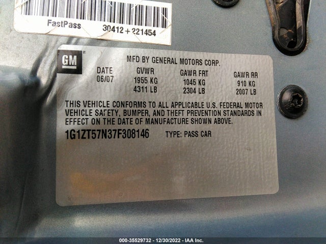 2007 CHEVROLET MALIBU LT W/2LT VIN: 1G1ZT57N37F308146