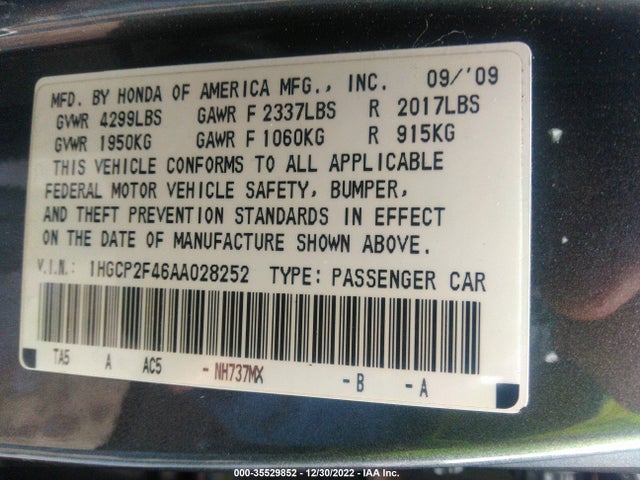 2010 HONDA ACCORD SDN LX-P VIN: 1HGCP2F46AA028252