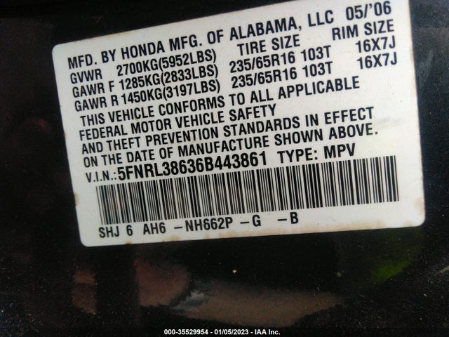 2006 HONDA ODYSSEY EX-L VIN: 5FNRL38636B443861