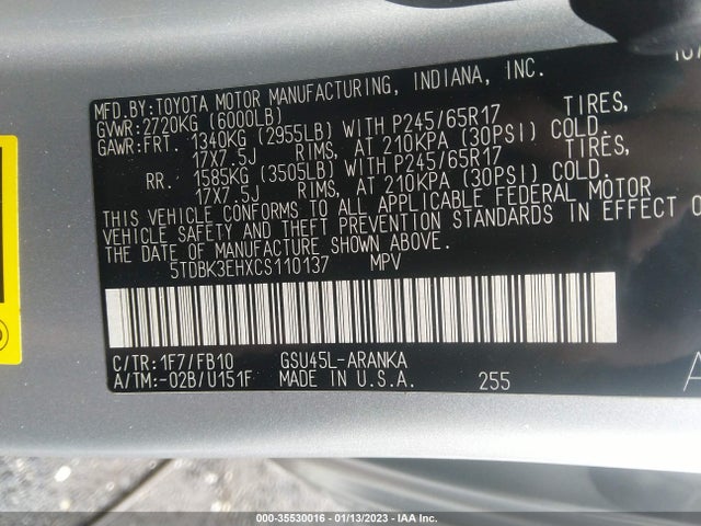 2012 TOYOTA HIGHLANDER VIN: 5TDBK3EHXCS110137